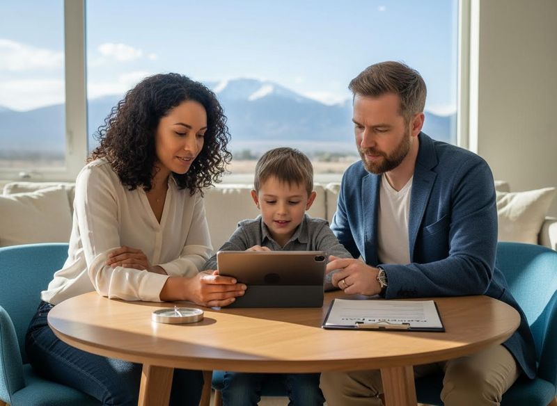 A mother, father, and young son are sitting at a table, looking at a tablet. Mountains are visible through a large window. Family Using Tablet Together with Mountain View