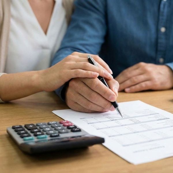 A close-up photograph of a couple's hands holding a pen over a financial document, with a calculator nearby on a wooden desk