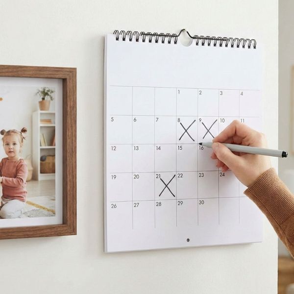 A hand marks parenting time dates on a wall calendar next to a framed photo of a child.