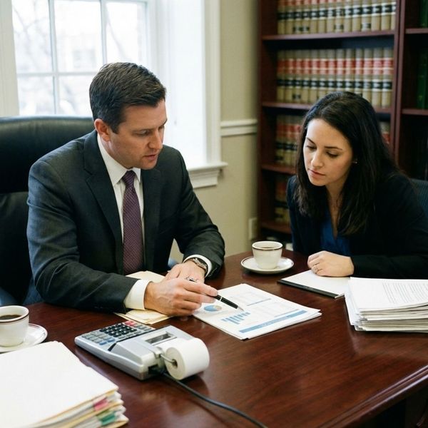 a lawyer and client at a desk, with the lawyer pointing to a document and a calculator nearby, indicating a discussion about finances