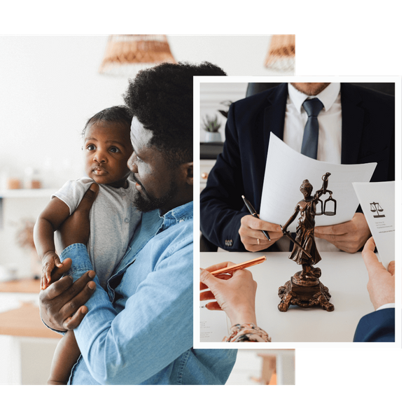 A collage showing a father holding his baby and lawyers signing documents. A collage showing a father holding his baby and lawyers signing documents.