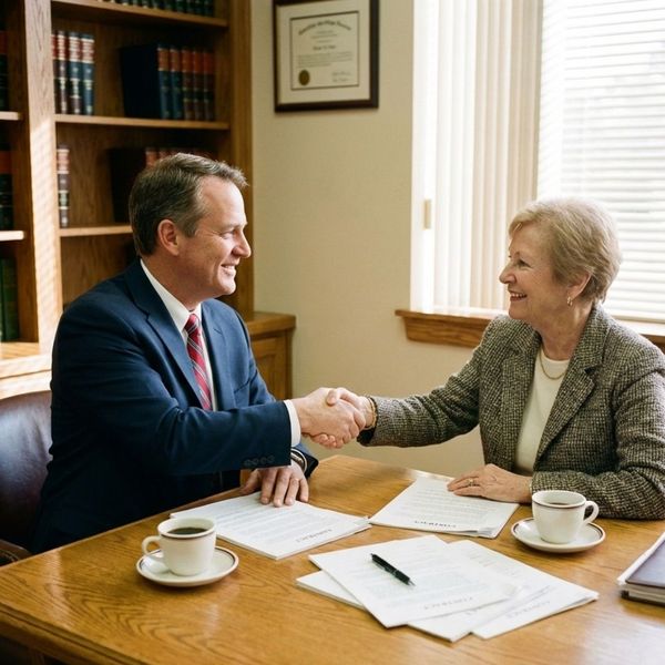 two people, a lawyer and client, reviewing documents together at a table and shaking hands