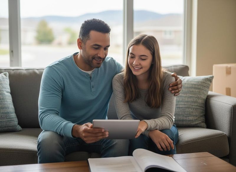 Father and teenage daughter looking at a digital tablet together on a couch