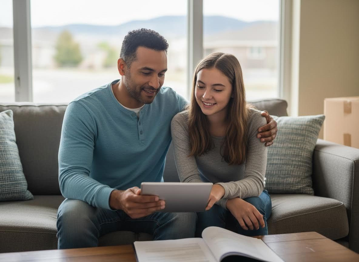 Father and teenage daughter looking at a digital tablet together on a couch