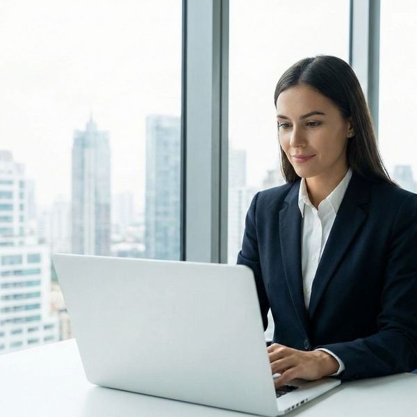 a confident woman in a suit looking at a laptop in a modern office, with a city view