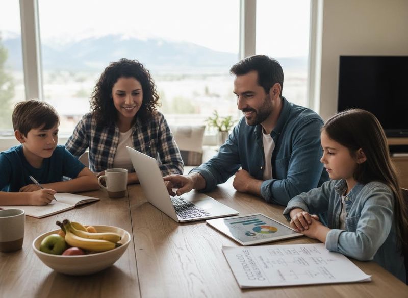 A happy family of four, including two parents and their son and daughter, working and studying together at a wooden table. Family with children using laptop and tablet at home
