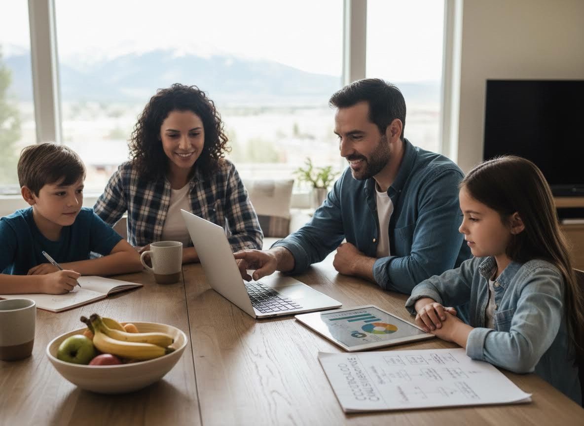 Family with children using laptop and tablet at home