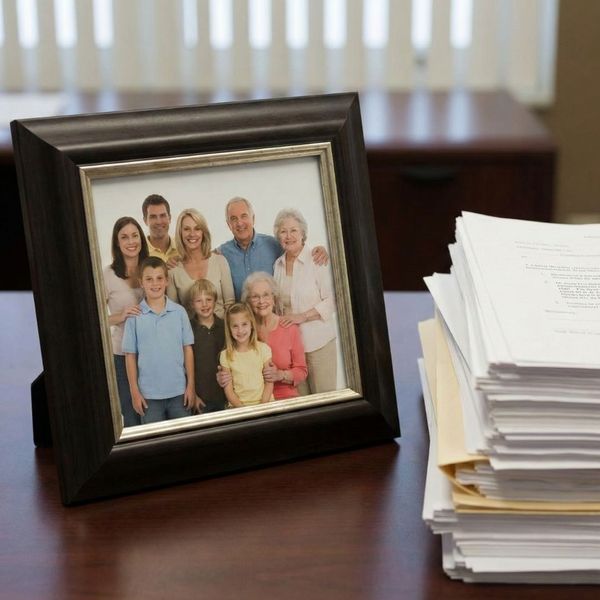 a framed photo of a multi-generational family on a desk next to a stack of legal papers.