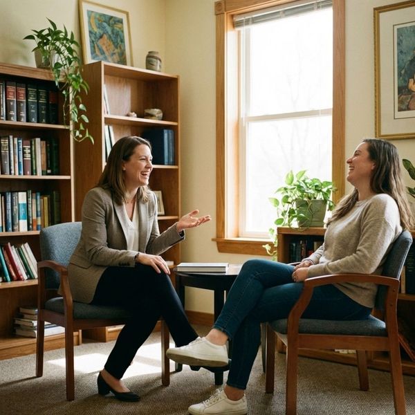 friendly female lawyer and a client having a relaxed conversation in a comfortable, well-lit office