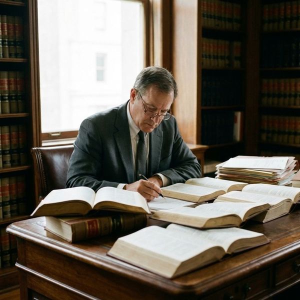 focused attorney in a suit working diligently at a large wooden desk