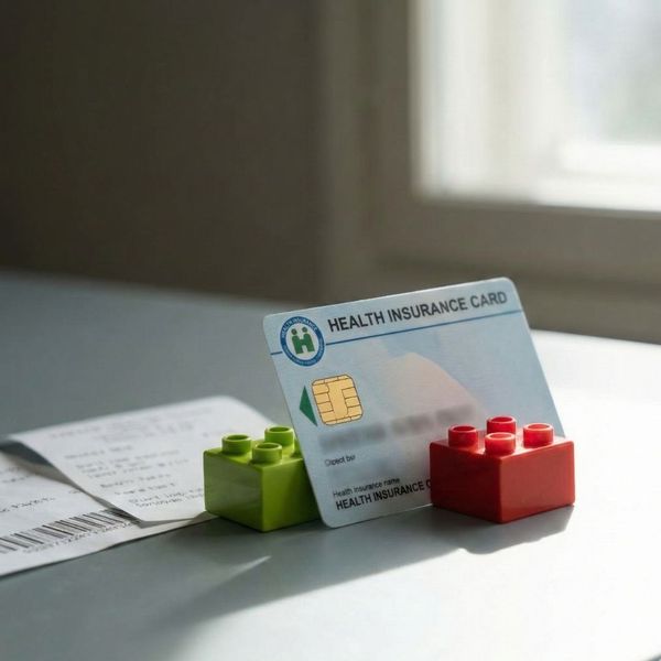 A health insurance card and toy building blocks sit on a table next to a receipt.