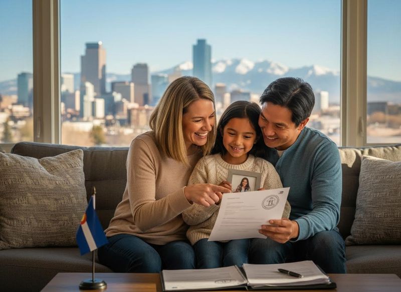 Happy family reviewing documents at home with a city skyline view