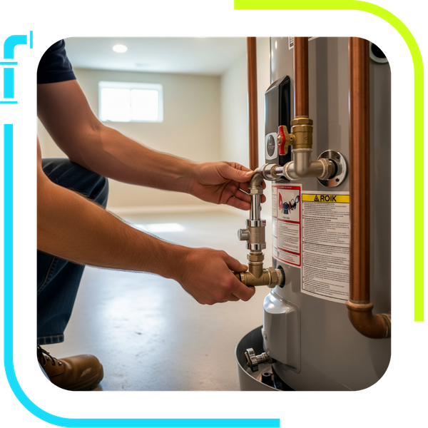 A FloRyte Services technician's hands carefully installing a new, high-efficiency water heater in an Illinois home's basement. A FloRyte Services technician's hands carefully installing a new, high-efficiency water heater in an Illinois home's basement.