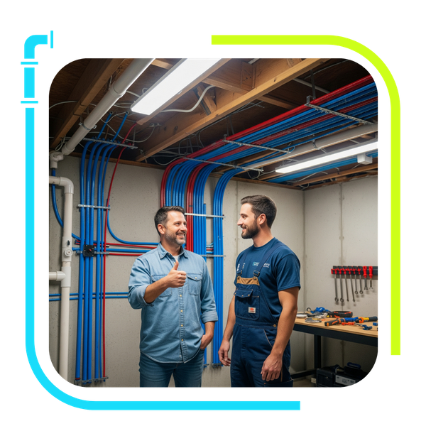 A happy homeowner gives a thumbs-up to a plumber in a newly repiped basement.