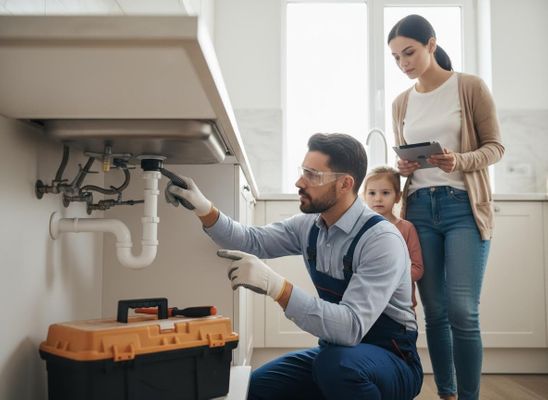 Plumber fixing kitchen sink with woman and child observing