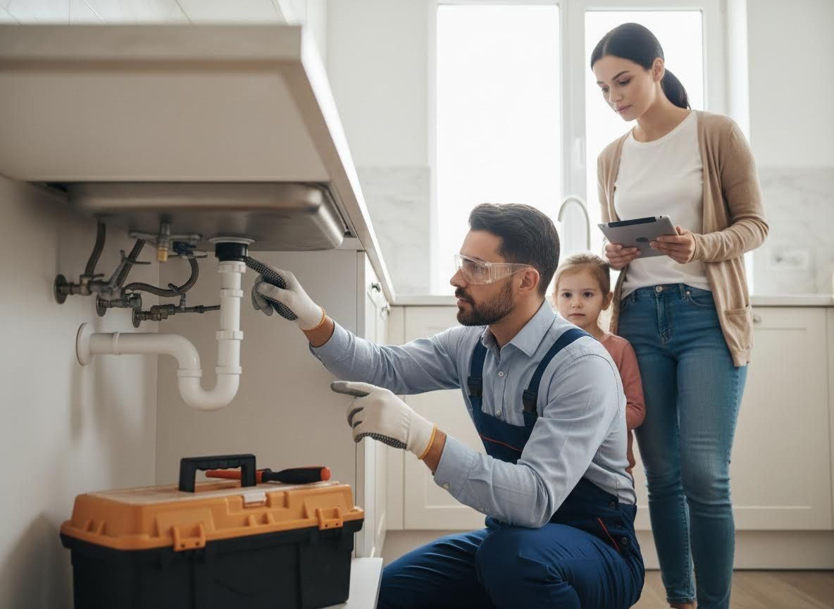 Plumber fixing kitchen sink with woman and child observing
