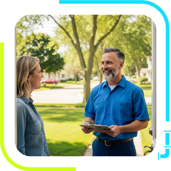 A smiling FloRyte Services plumber in uniform discusses a plumbing issue with a homeowner at her front door in a Wisconsin neighborhood. A smiling FloRyte Services plumber in uniform discusses a plumbing issue with a homeowner at her front door in a Wisconsin neighborhood.