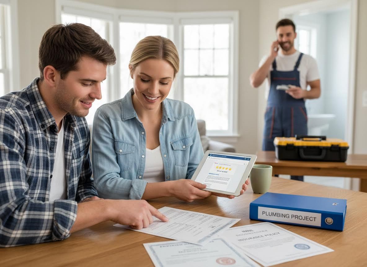Couple reviewing plumbing project details and contractor reviews