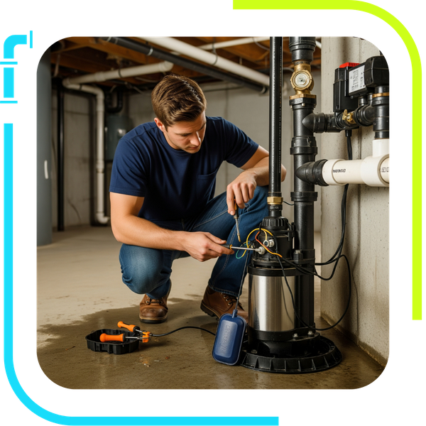 A skilled plumber performs a timely sump pump repair in a basement, diagnosing an issue to prevent water damage.