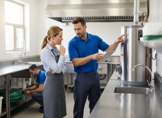 Service technician explains commercial water heater operation to a business owner