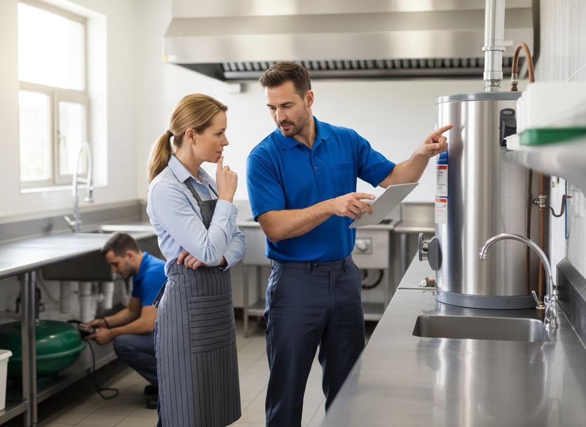 Service technician explains commercial water heater operation to a business owner