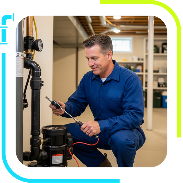 A professional FloRyte Services plumber performs an inspection on a sump pump in a clean, well-organized residential basement. A professional FloRyte Services plumber performs an inspection on a sump pump in a clean, well-organized residential basement.