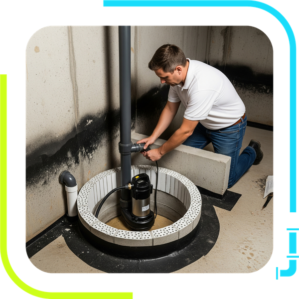 A professionally installed sump pump sits inside a newly dug sump pit in a basement, ready to protect the home from flooding. A professionally installed sump pump sits inside a newly dug sump pit in a basement, ready to protect the home from flooding.
