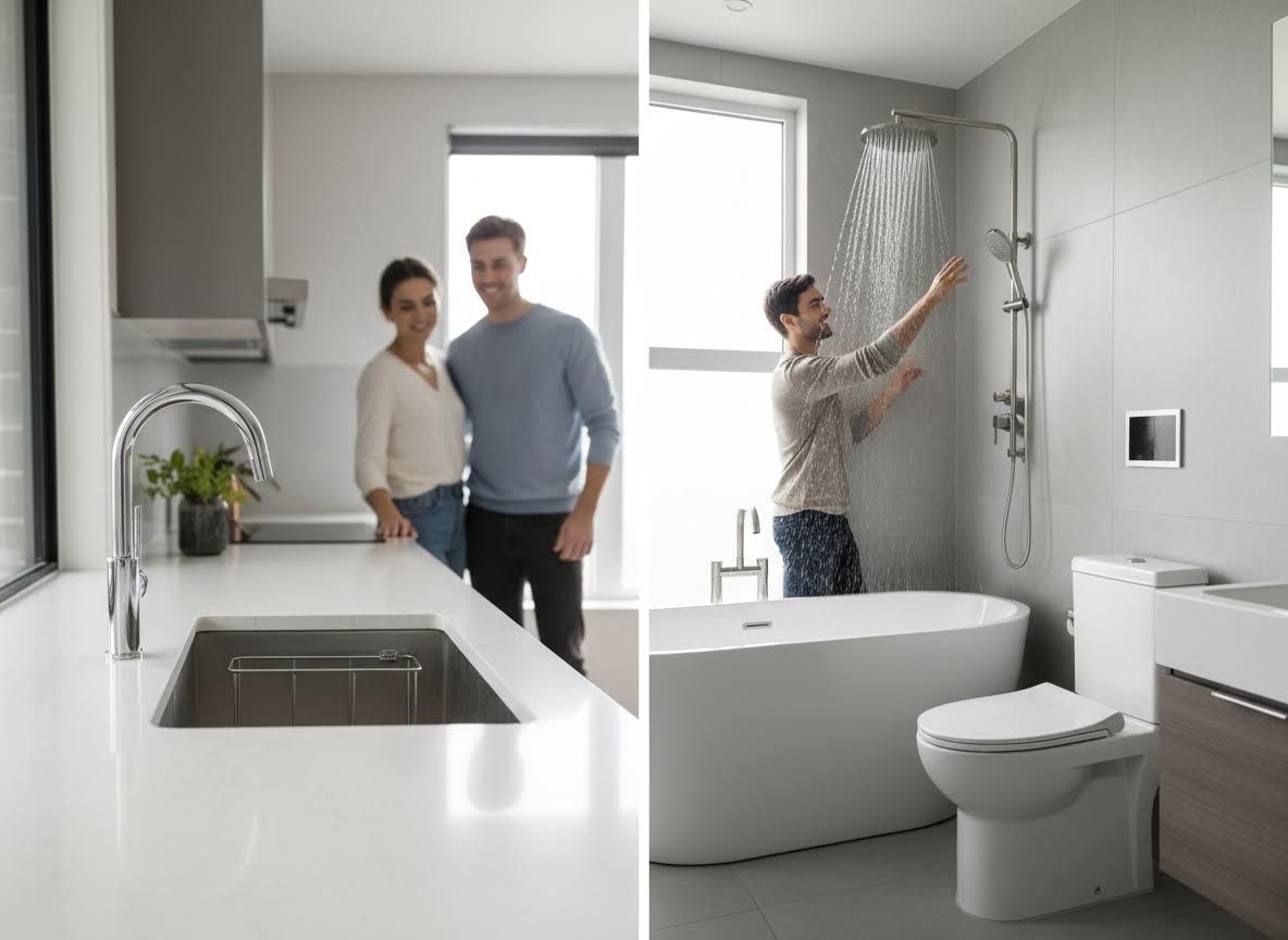 Modern Kitchen and Bathroom Fixtures with Happy Homeowners