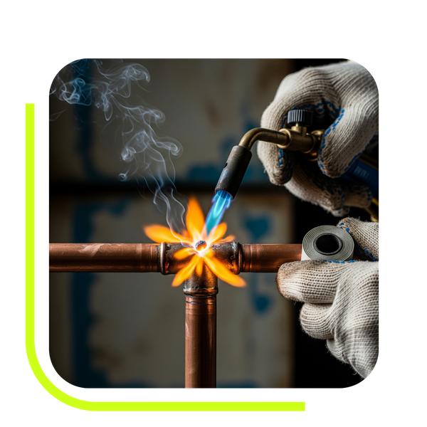 A close-up of a plumber's hands using a torch to solder a copper pipe connection.