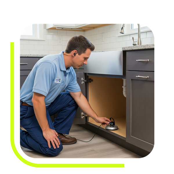 plumber uses an acoustic listening device to find a water leak under a kitchen sink.
