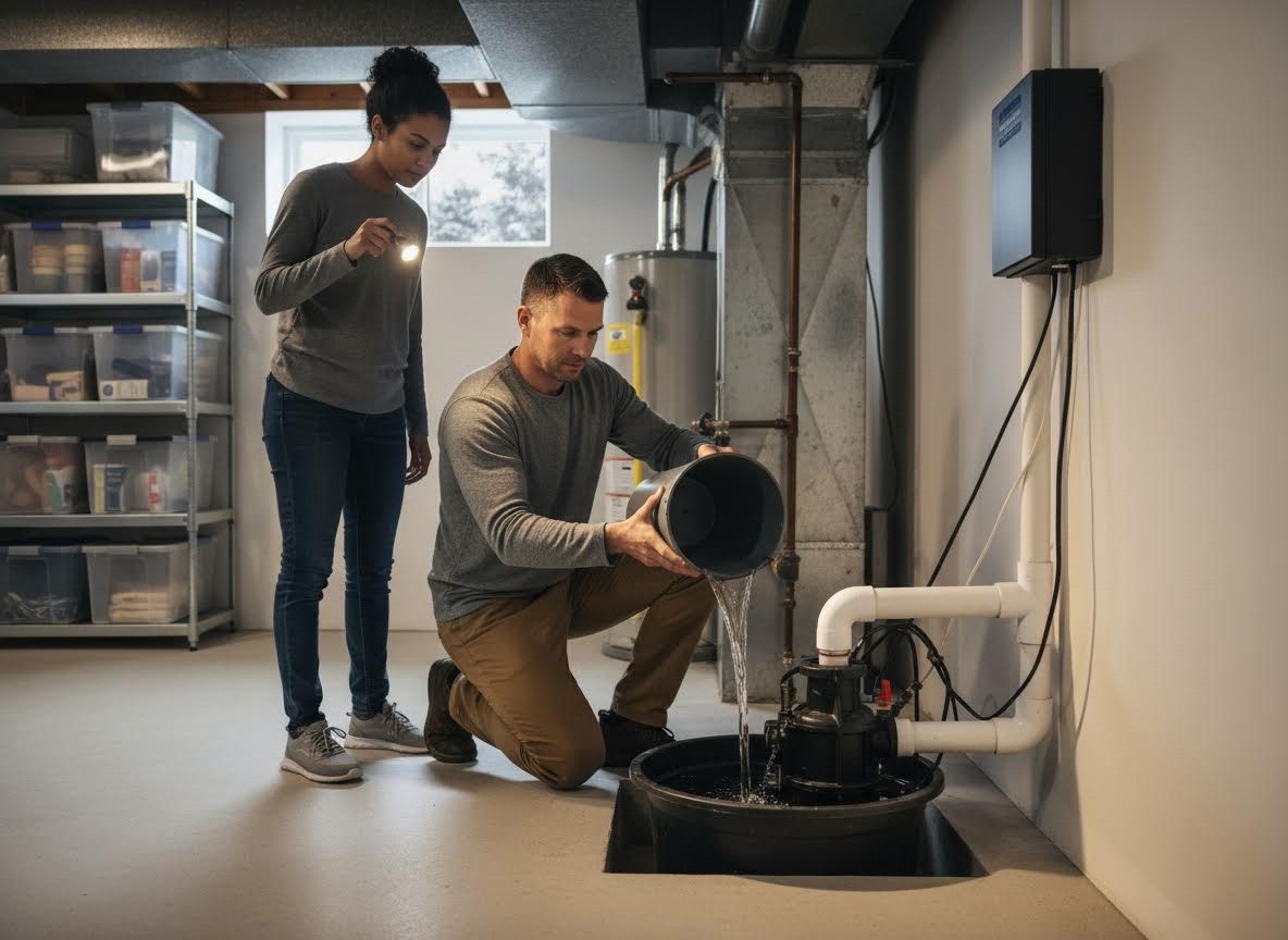 Couple performing sump pump maintenance in basement