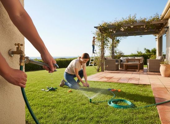 Family doing outdoor garden chores