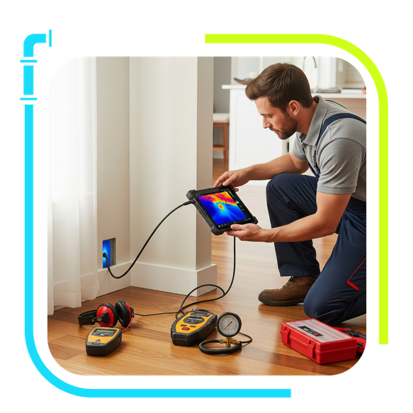 A plumber kneels on a wooden floor, using a tablet-like device with a thermal probe to find a water leak behind a wall