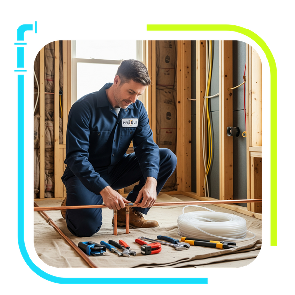 A plumber installs new pipes in a home during a renovation, with exposed walls and new wiring