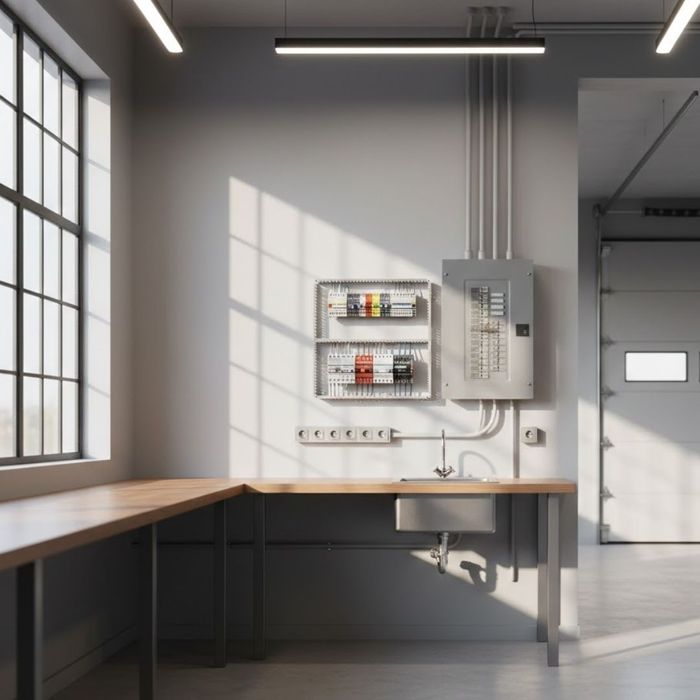 Modern workshop interior showing clean utility and electrical placement.