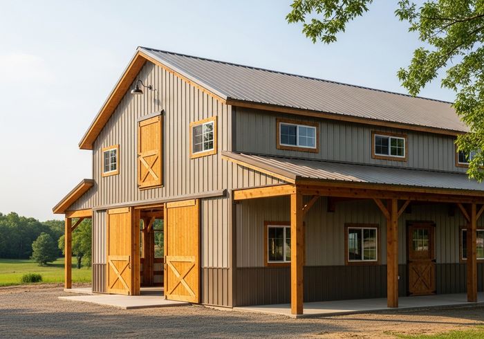 Exterior view of a two-story modern barn featuring light gray and brown metal siding, a metal roof, and natural wood accents on the doors, windows, and porch supports. The barn's design blends rustic charm with contemporary style, set against a rural backdrop. Modern Barn with Wooden Accents