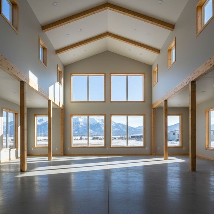 Spacious interior of a custom post-frame building with high ceilings and natural light.