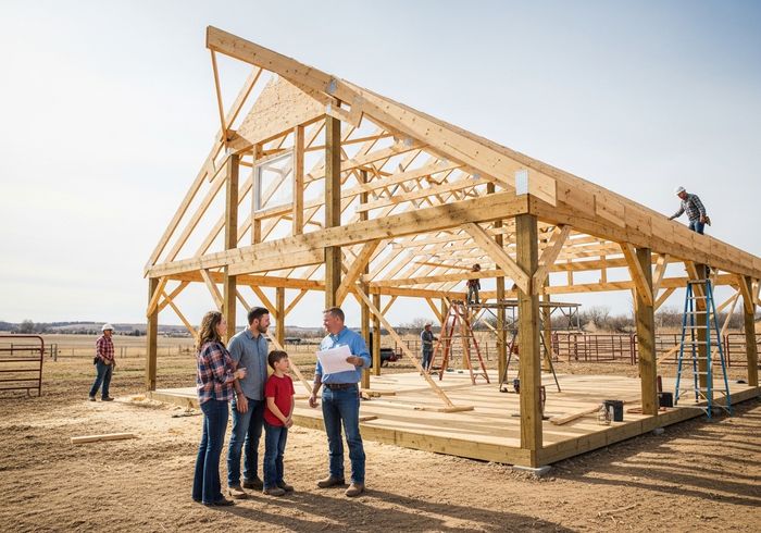A family of three stands in front of a partially constructed wooden barn frame, reviewing plans with a contractor. Construction workers are visible on the frame, using ladders and scaffolding to assemble the structure under a bright, clear sky. Family Discussing Barn Construction Plans