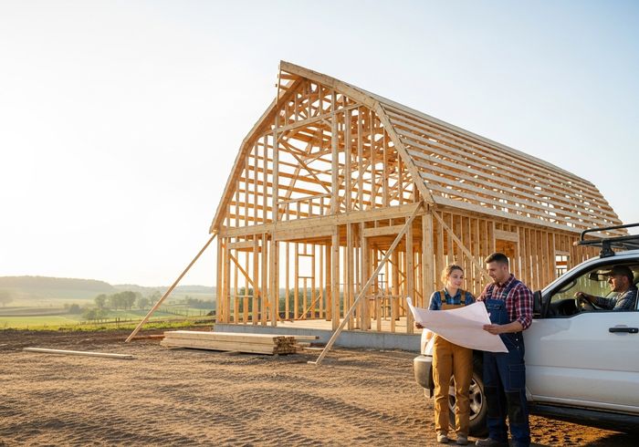 Construction team reviews plans at job site
