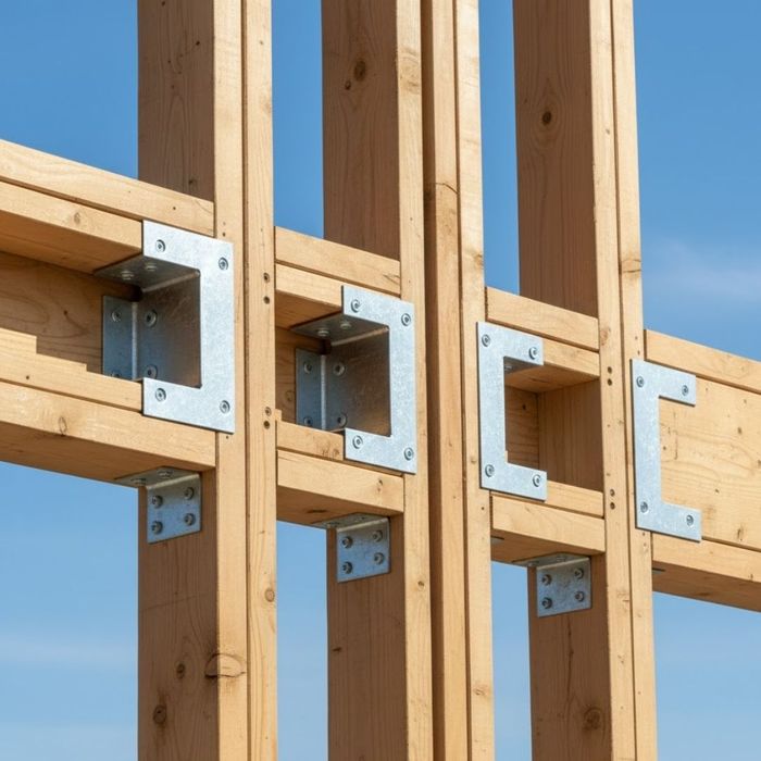 Close-up of high-quality structural wood framing for a new building project.