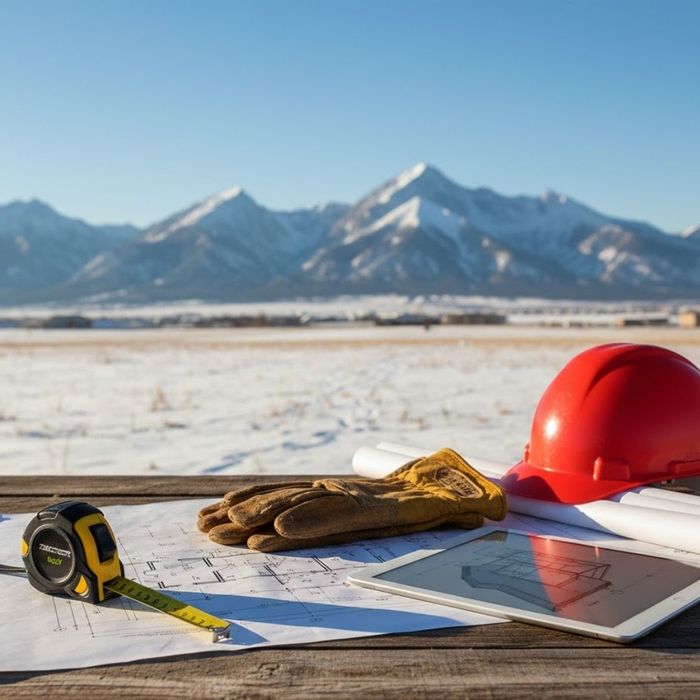 Construction blueprints and tools on a table with a blurred Colorado construction site background