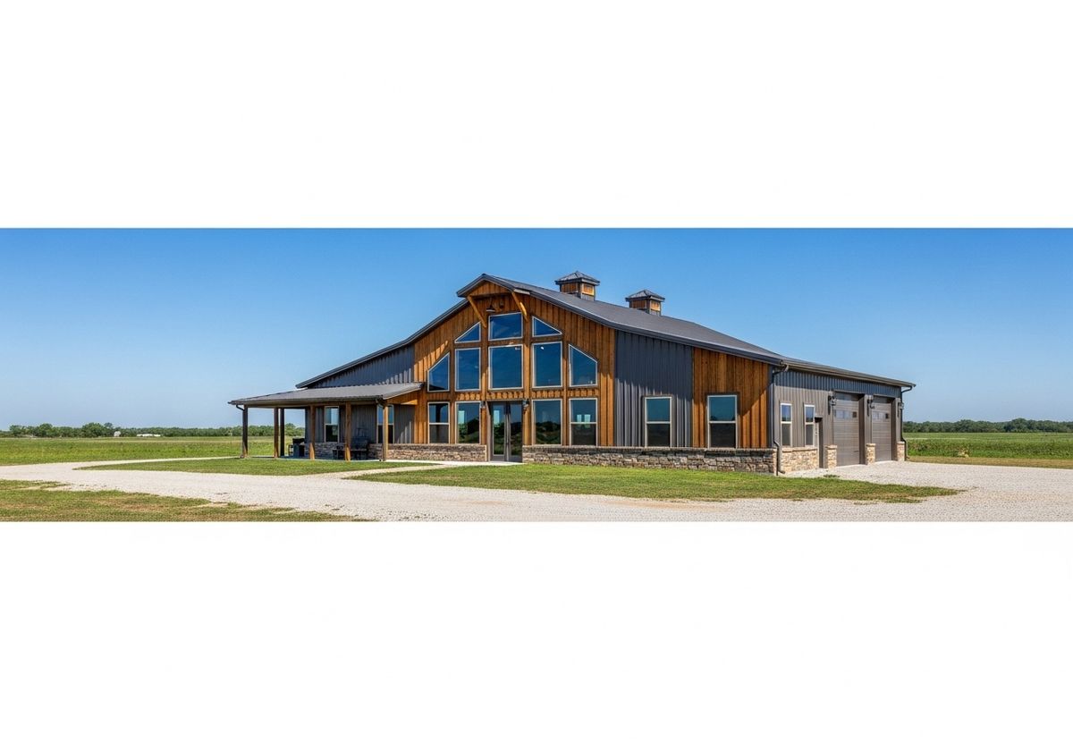 Exterior of a modern barndominium under a clear blue sky