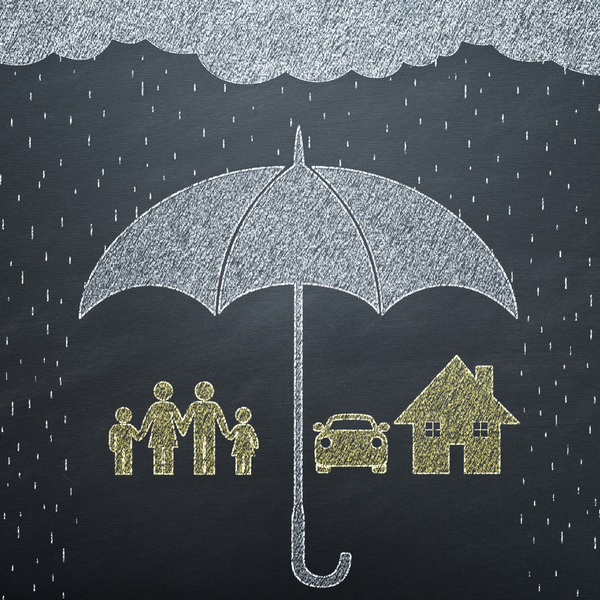 home, family, and car icon under an umbrella