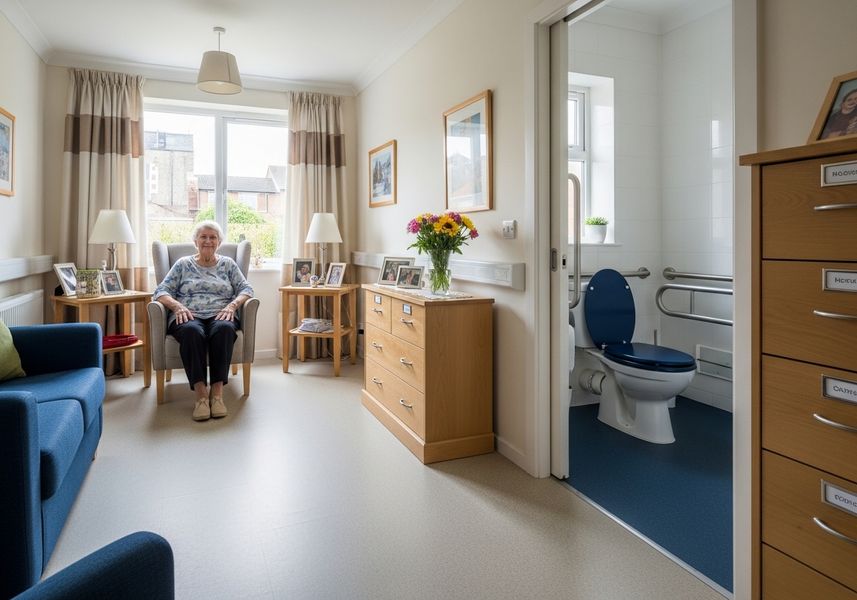 A well-lit, accessible living space designed for senior living, featuring a comfortable armchair, a blue sofa, wooden furniture, personal touches like family photos, and an accessible bathroom with support bars and a contrasting blue toilet seat and floor for visual clarity. Comfortable and Accessible Senior Living Space