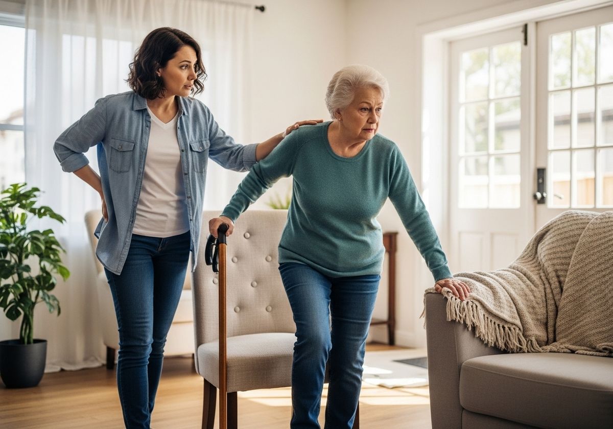 Woman assisting senior woman with walking cane
