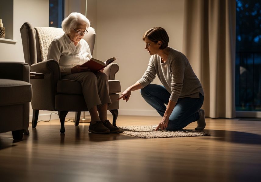 In a warmly lit room, a younger woman kneels on a beige rug, pointing at it while conversing with an elderly woman who is seated in an armchair and engrossed in reading a book. Woman points at rug while talking to senior woman reading