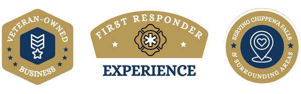 badges: veteran-owned business, first responder experience, serving chippewa falls & surrounding areas