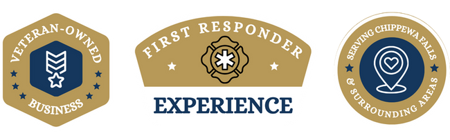 badges: veteran-owned business, first responder experience, serving chippewa falls & surrounding areas