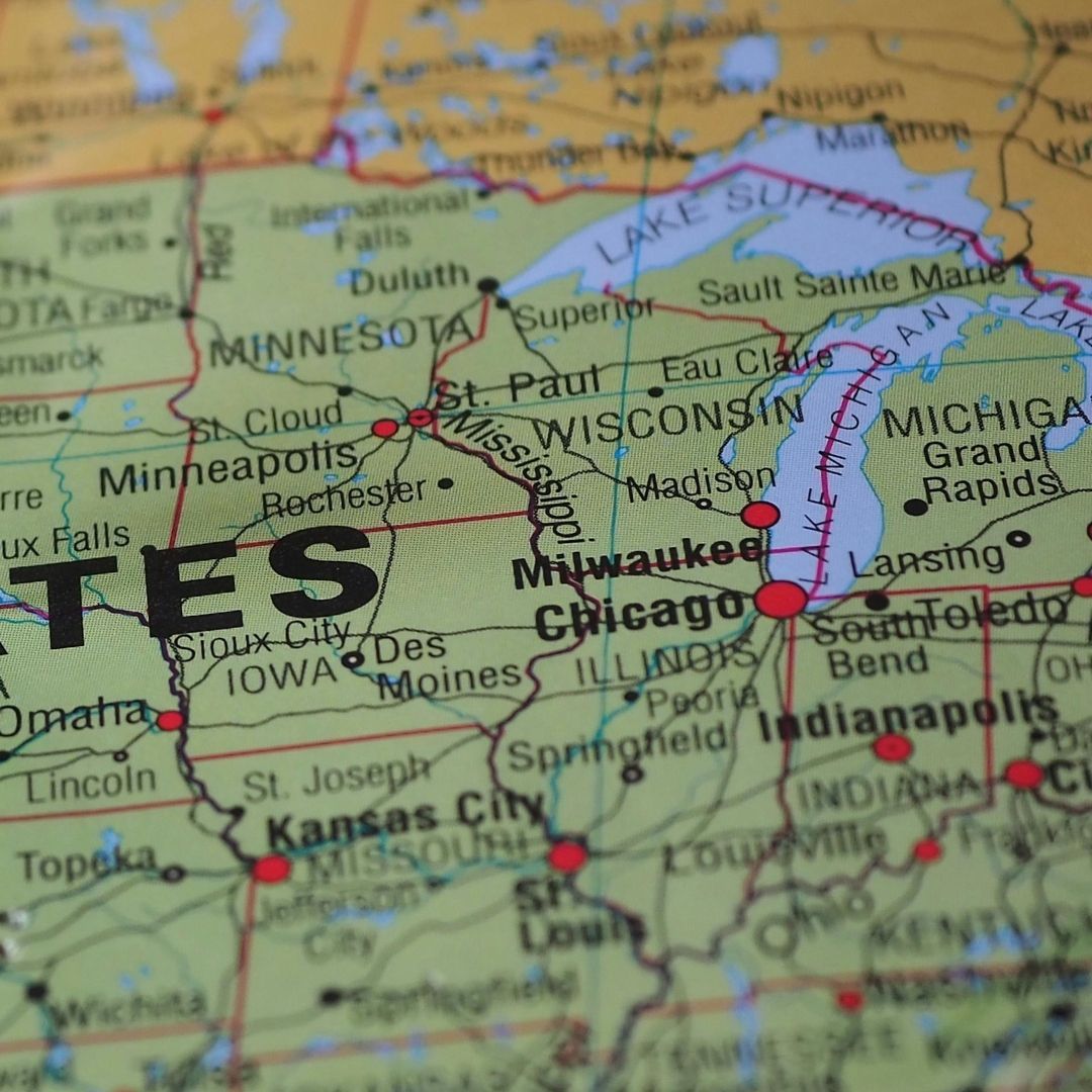 US map, zoomed into MN/WI/IL