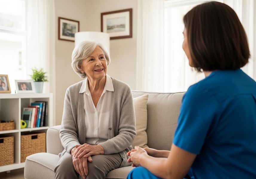 An elderly woman with white hair sits on a sofa, smiling and looking towards a healthcare provider dressed in blue who is sitting across from her. The setting is a bright, comfortable living room with a bookshelf, family photos, and artwork visible in the background, suggesting a warm, supportive environment for the conversation. Senior woman talking with healthcare provider at home